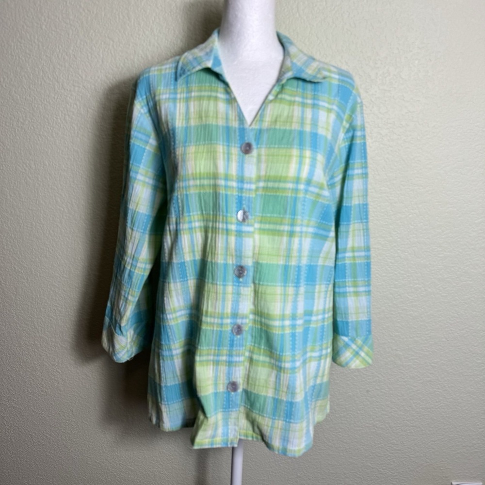 TOG Shop Women's Top Size PL 3/4 Sleeves Plaid Green Yellow Blue Button Front